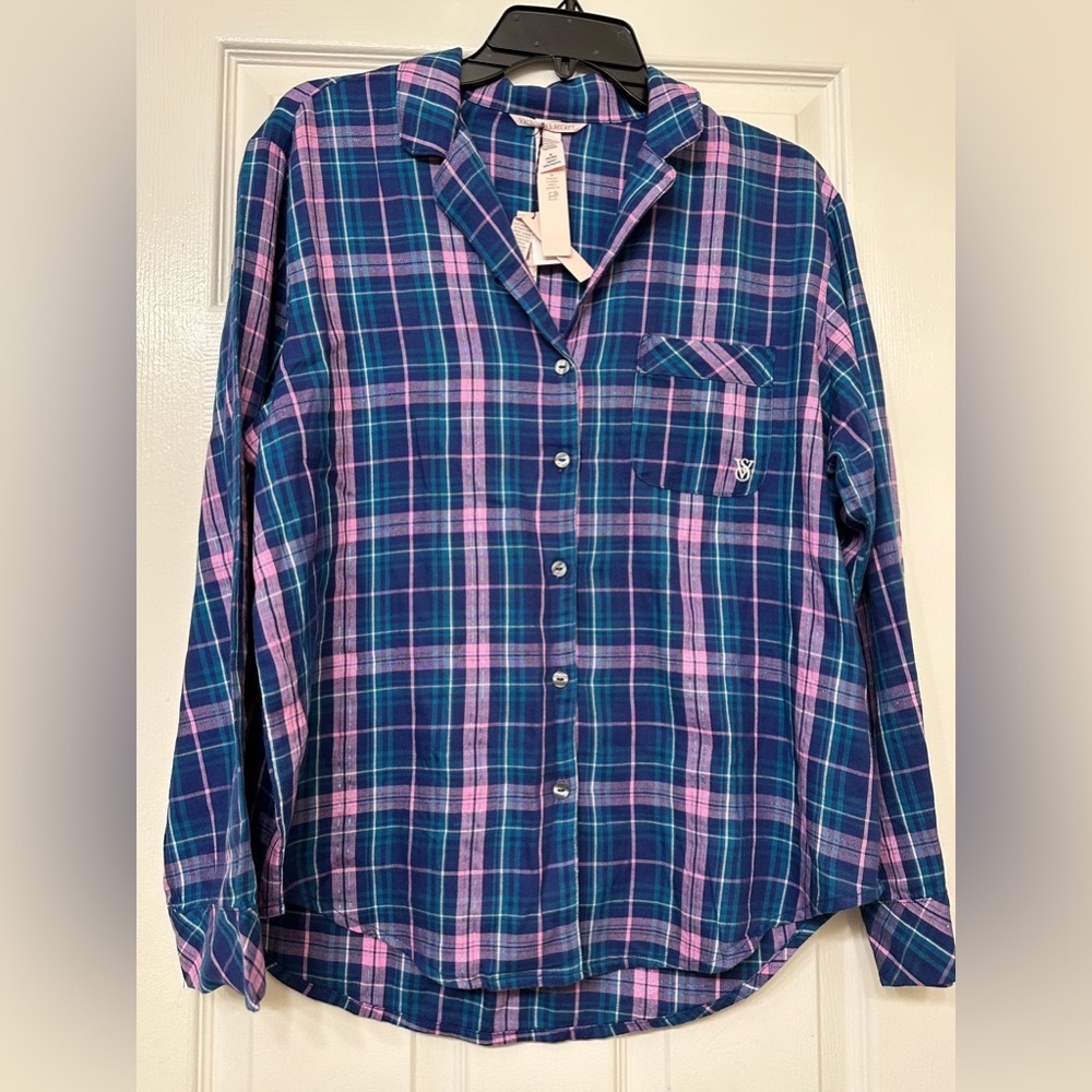Victoria Secret pajama sleepwear top pink blue long sleeve medium